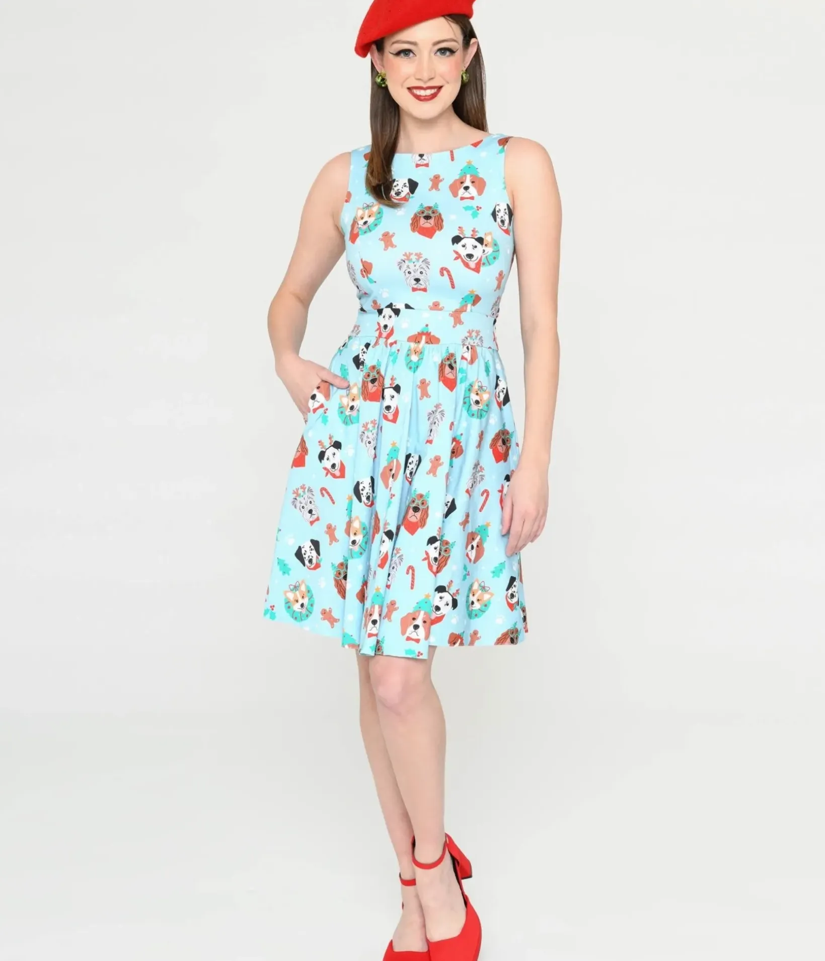 Unique Vintage Fit & Flare|Pocket Dresses>Light Blue & Christmas Puppy Print Flare Dress