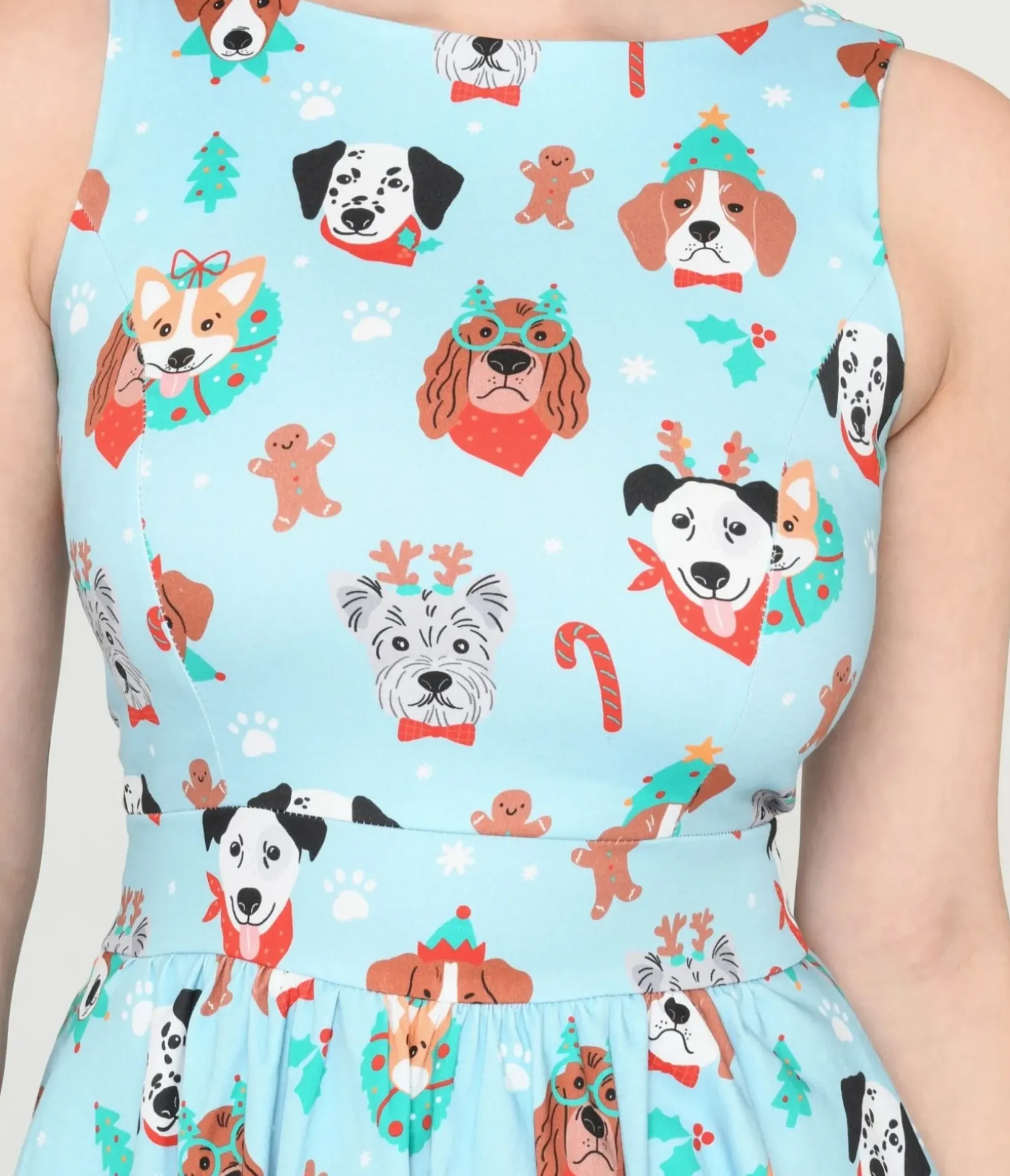 Unique Vintage Fit & Flare|Pocket Dresses>Light Blue & Christmas Puppy Print Flare Dress