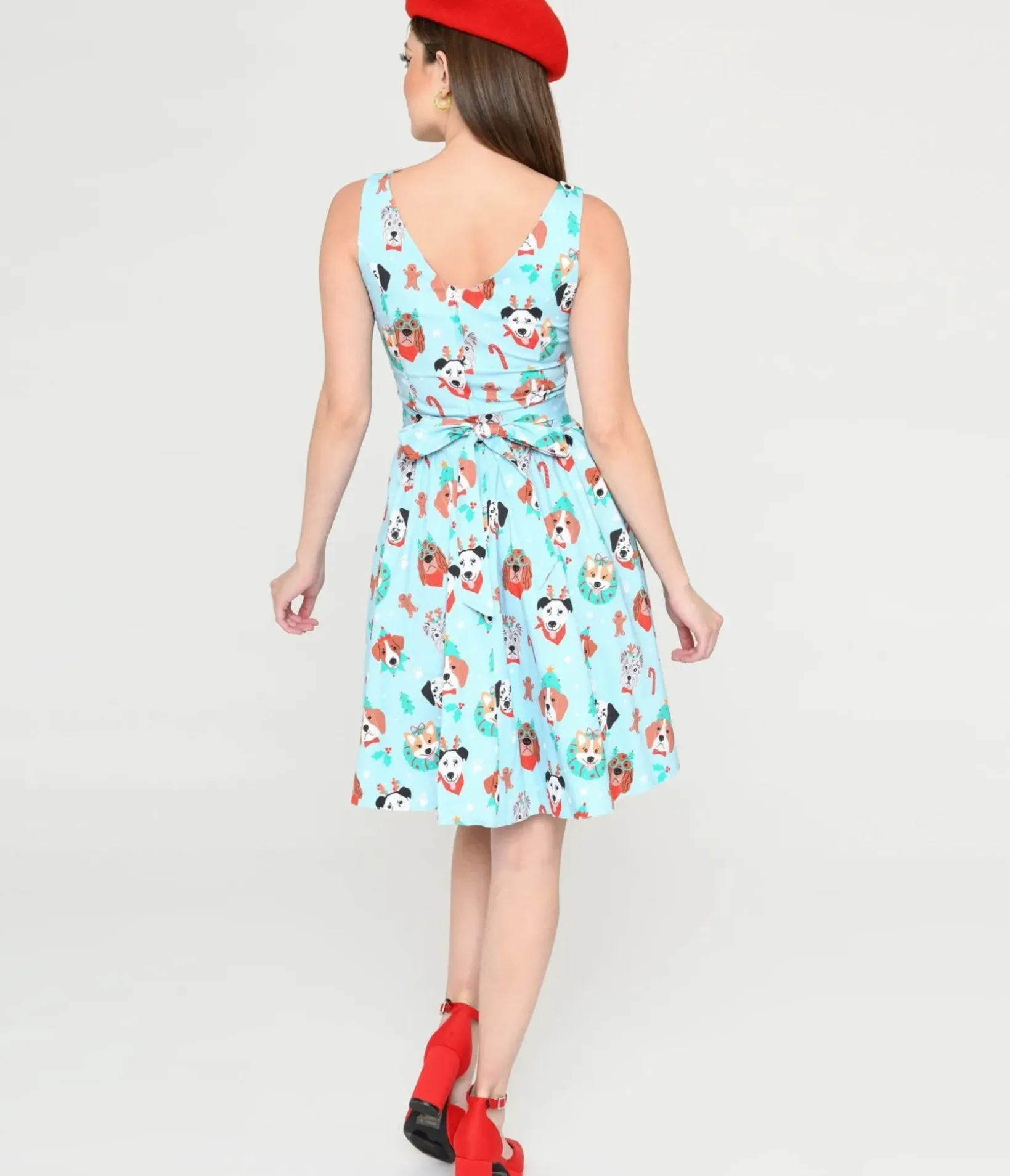 Unique Vintage Fit & Flare|Pocket Dresses>Light Blue & Christmas Puppy Print Flare Dress