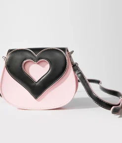 Unique Vintage All Things Pink>Light Pink & Black Heart Shaped Leatherette Crossbody Bag