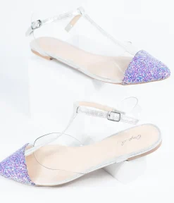 Unique Vintage Flats|Sandals>Lilac Purple Glitter & Clear Vinyl T-Strap Flats