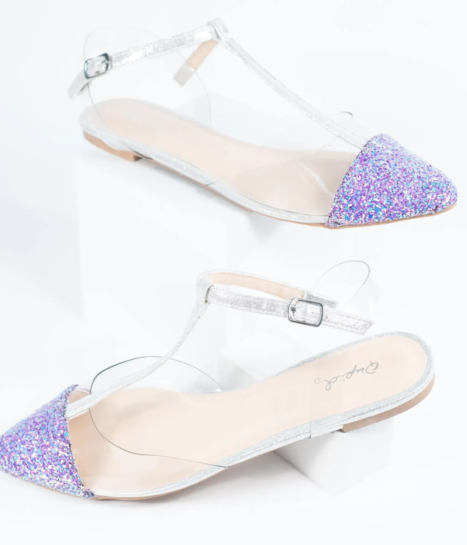 Unique Vintage Flats|Sandals>Lilac Purple Glitter & Clear Vinyl T-Strap Flats
