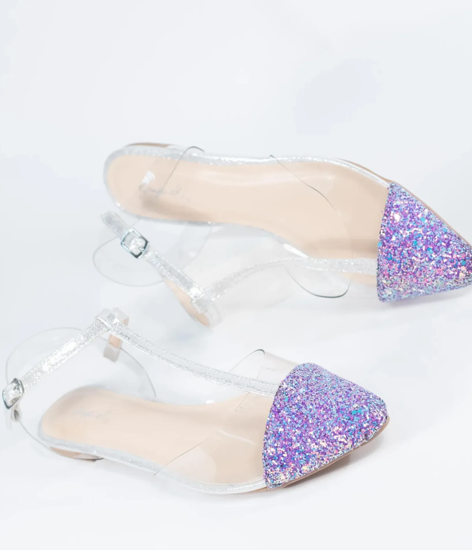 Unique Vintage Flats|Sandals>Lilac Purple Glitter & Clear Vinyl T-Strap Flats