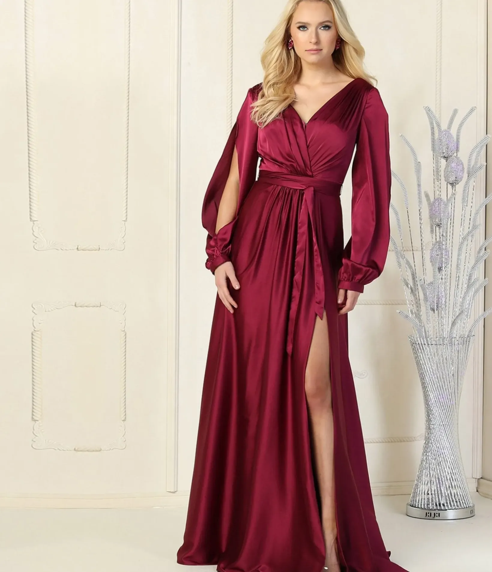 Unique Vintage Special Occasion|Prom Dresses>Magenta Satin Long Sleeve Goddess Gown
