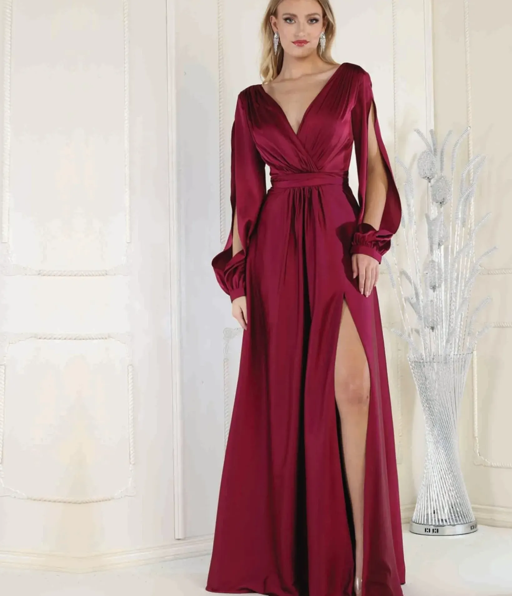 Unique Vintage Special Occasion|Prom Dresses>Magenta Satin Long Sleeve Goddess Gown