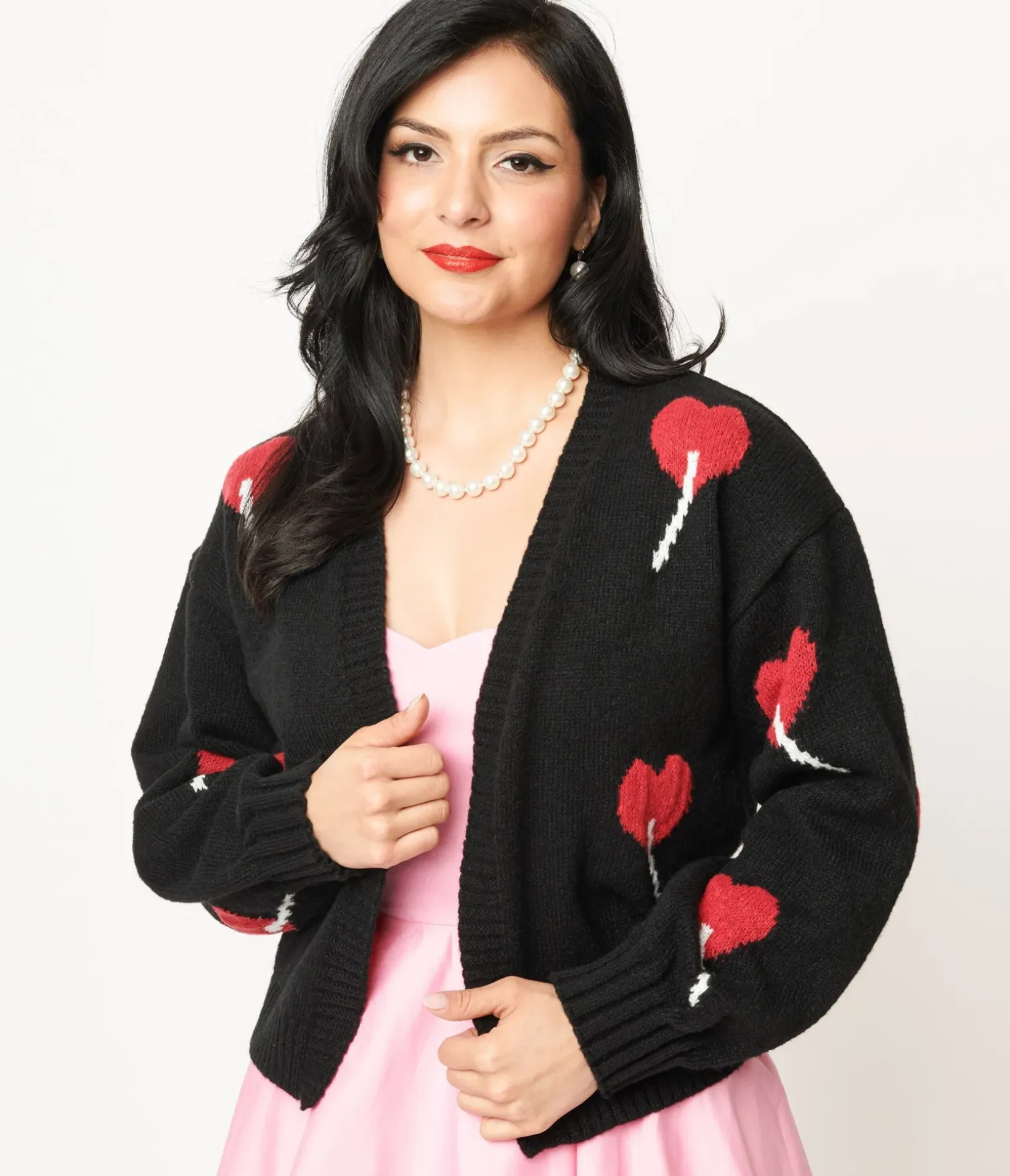 Unique Vintage Sweaters & Cardigans>Magnolia Place Black Heart Lollipop Open Cardigan
