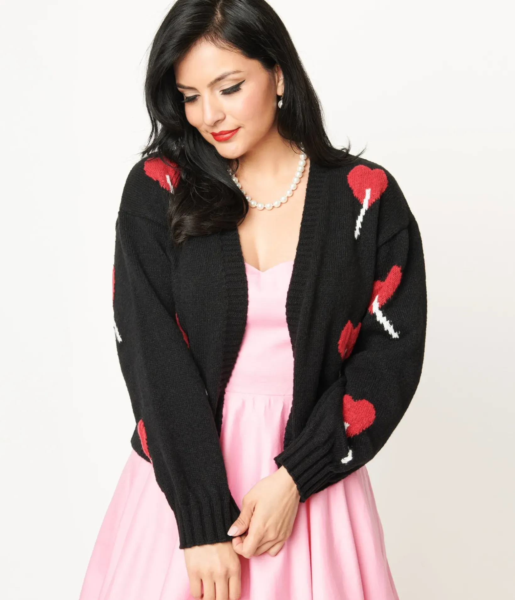 Unique Vintage Sweaters & Cardigans>Magnolia Place Black Heart Lollipop Open Cardigan