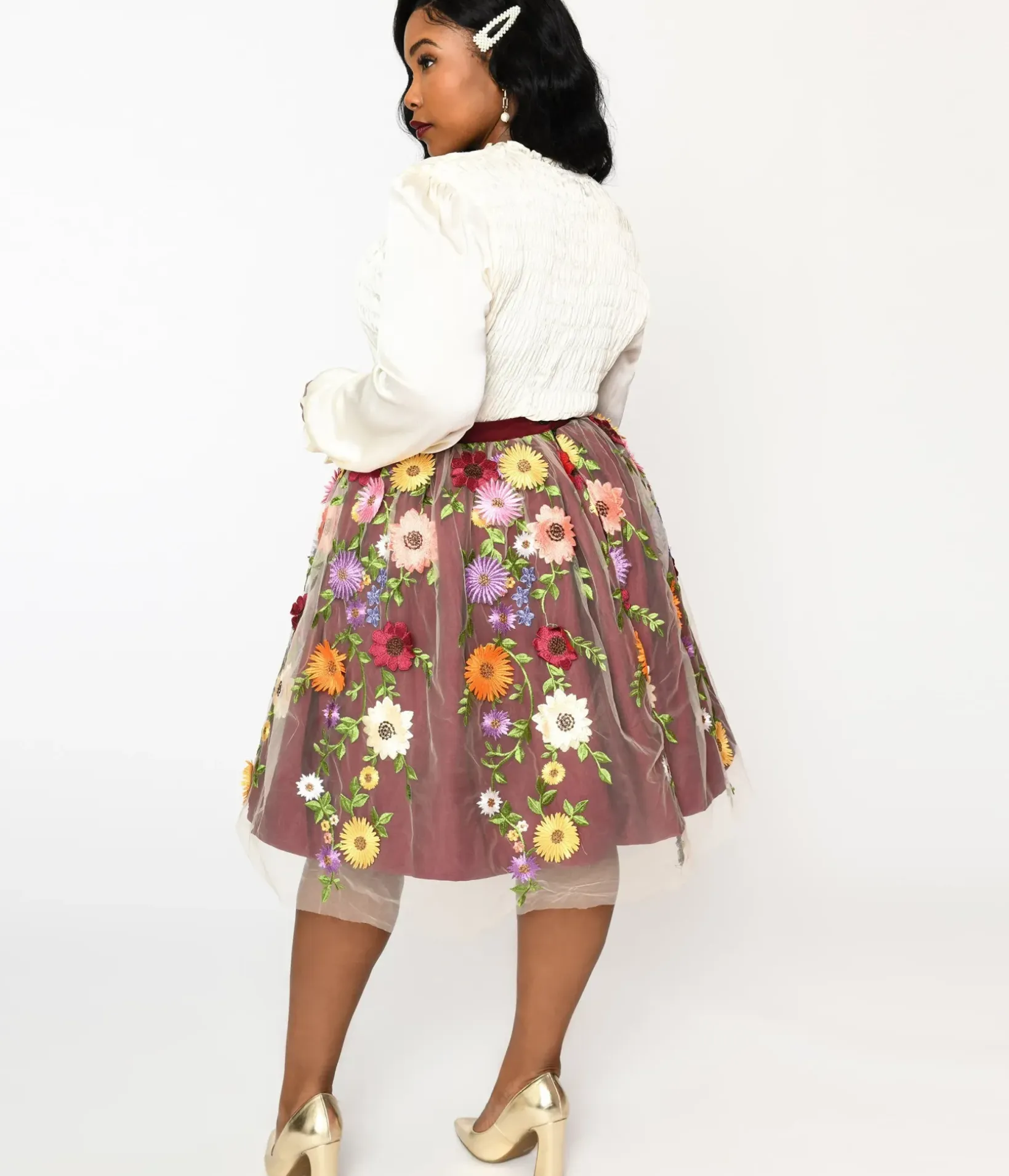 Unique Vintage Skirts>Magnolia Place Burgundy Flower Party Swing Skirt