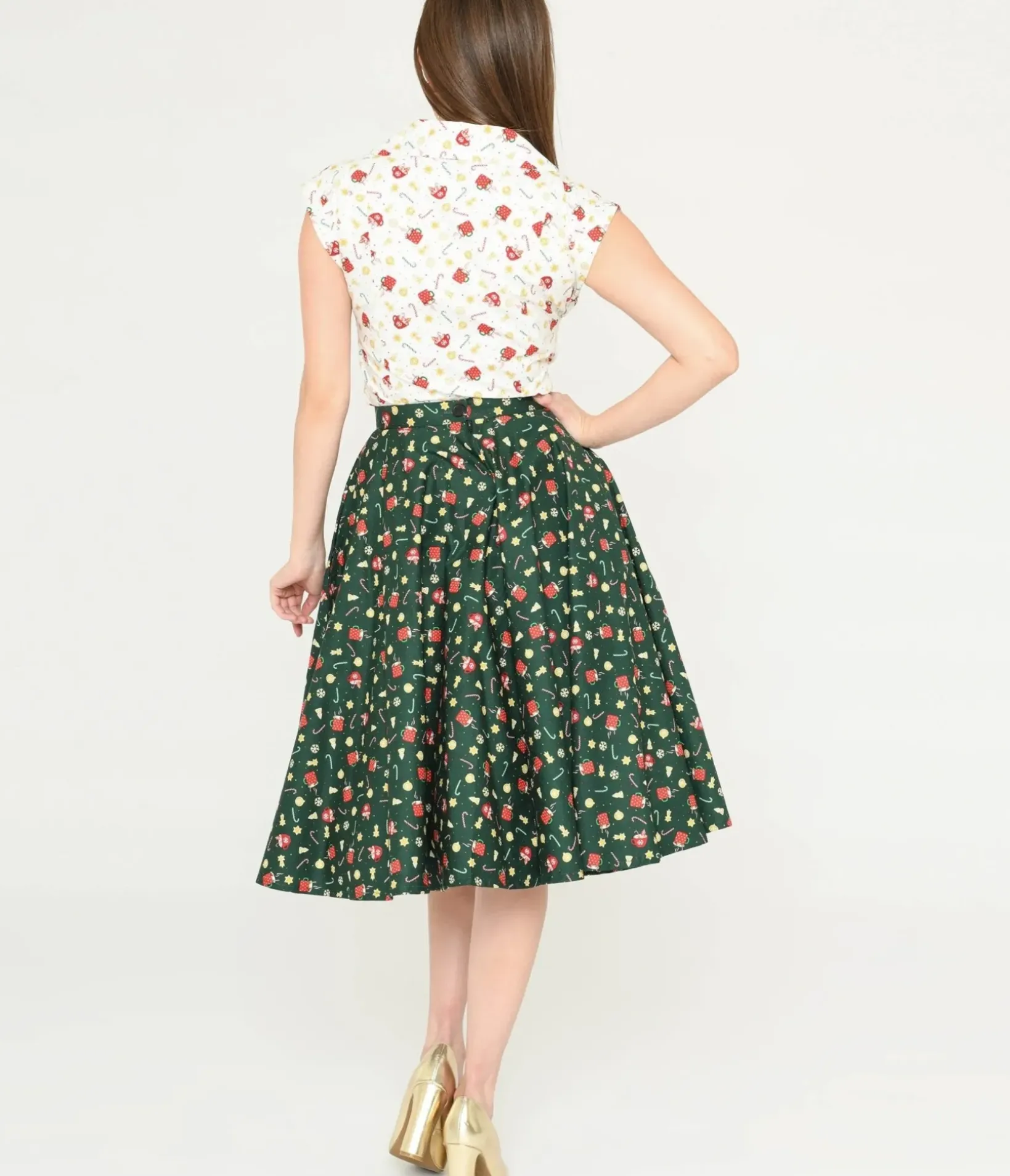 Unique Vintage Skirts|Skirts>Magnolia Place Green & Holiday Print Sally Swing Skirt