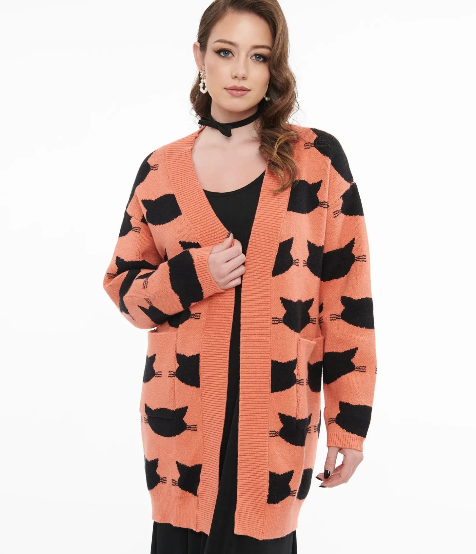 Unique Vintage Sweaters & Cardigans|Halloween>Magnolia Place Orange & Black Cat Cardigan