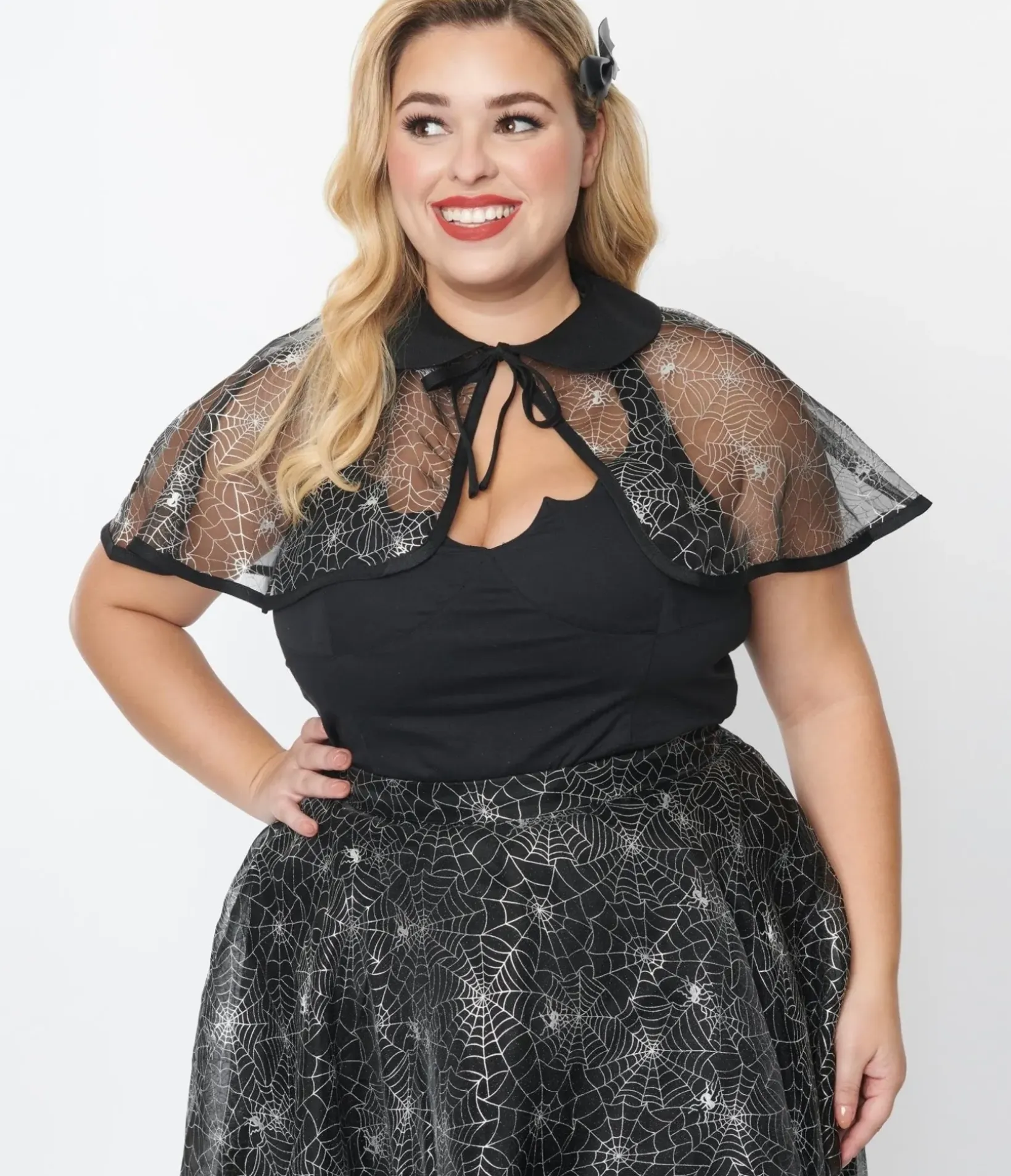 Unique Vintage Halloween>Magnolia Place Plus Size Black Spiderweb Capelet