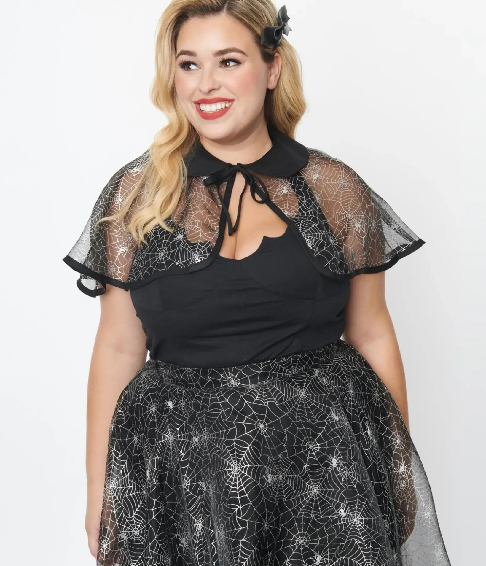 Unique Vintage Halloween>Magnolia Place Plus Size Black Spiderweb Capelet