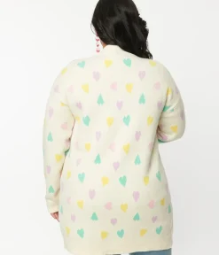Unique Vintage Sweaters & Cardigans>Magnolia Place Plus Size Cream & Pastel Hearts Cardigan