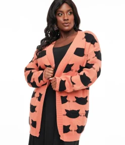 Unique Vintage Sweaters & Cardigans|Halloween>Magnolia Place Plus Size Orange & Black Cat Cardigan