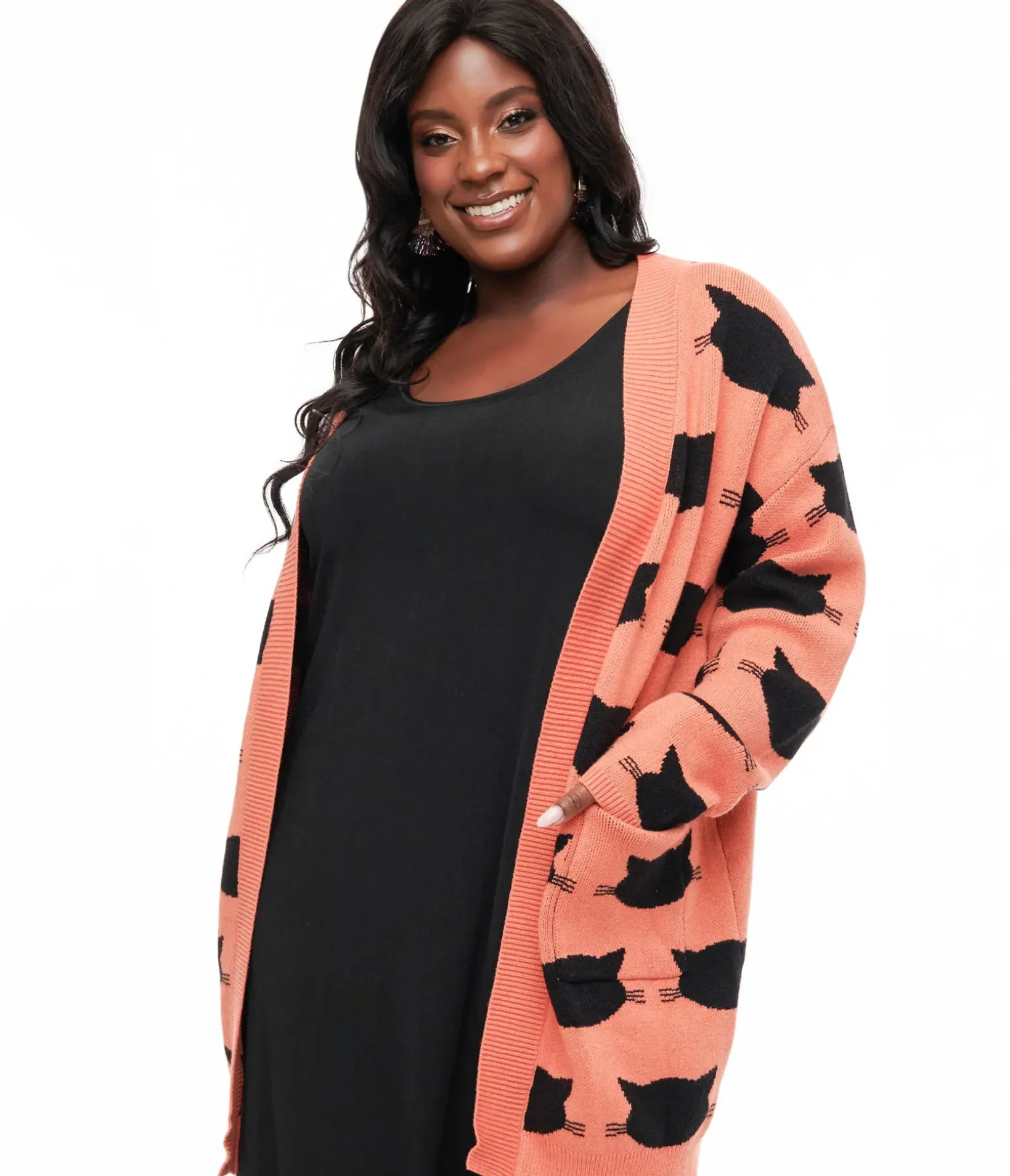 Unique Vintage Sweaters & Cardigans|Halloween>Magnolia Place Plus Size Orange & Black Cat Cardigan