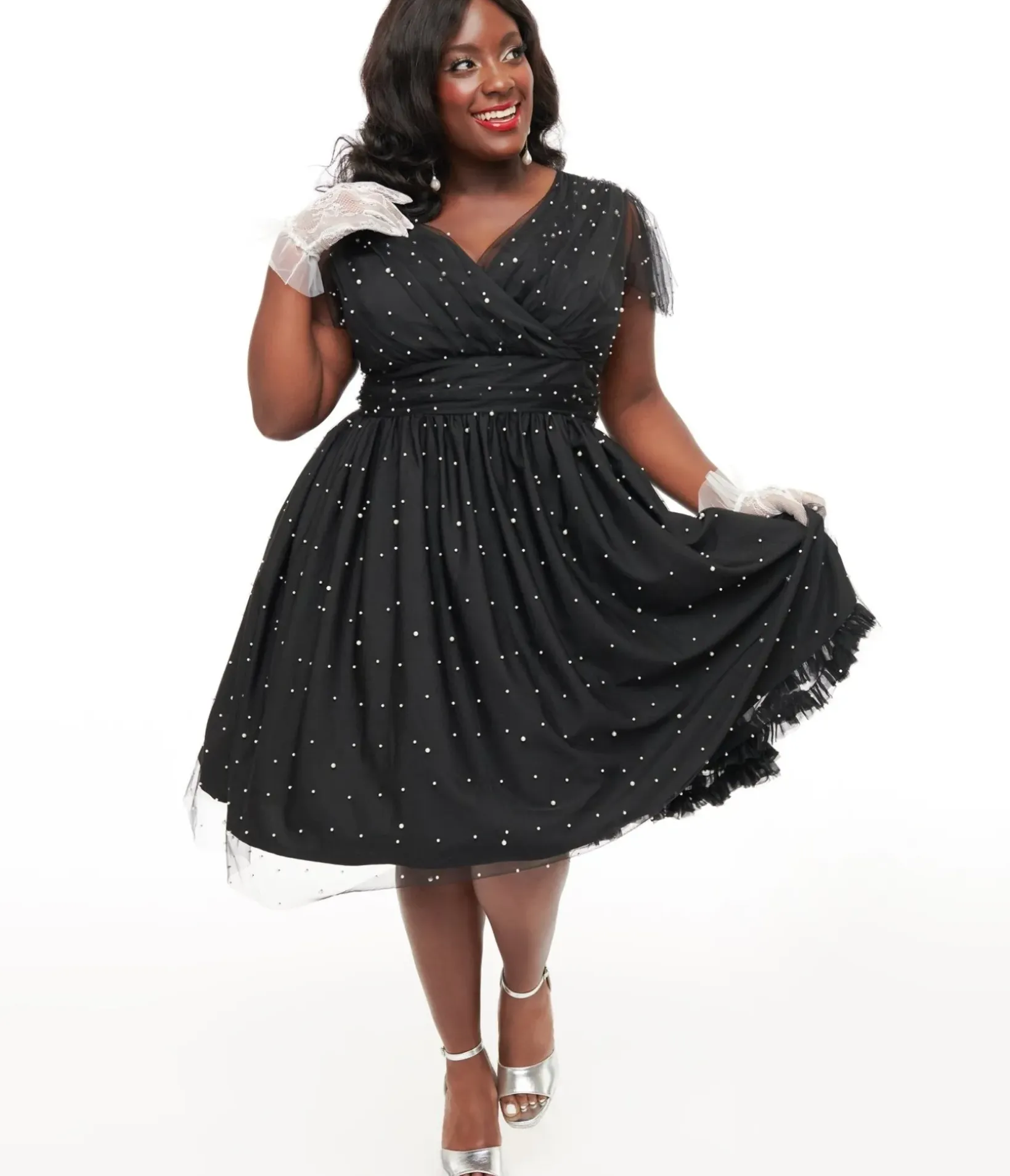 Unique Vintage Swing|Everyday Dresses>Magnolia Place Plus Size 1950s Black Faux Pearl Swing Dress