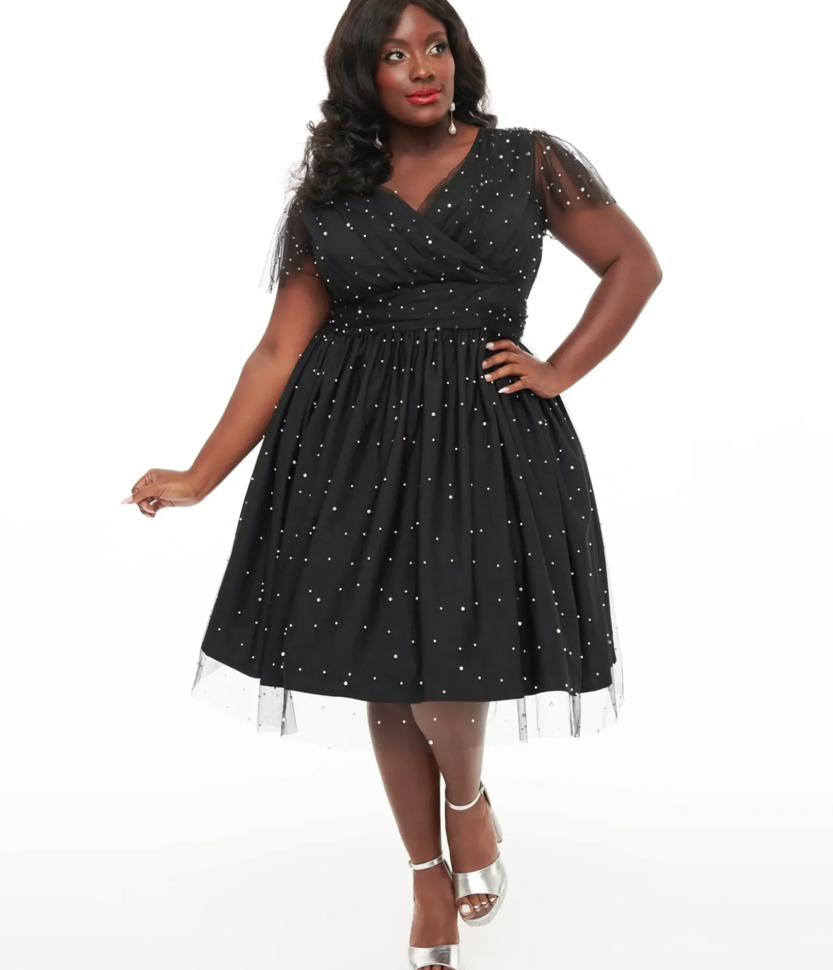 Unique Vintage Swing|Everyday Dresses>Magnolia Place Plus Size 1950s Black Faux Pearl Swing Dress