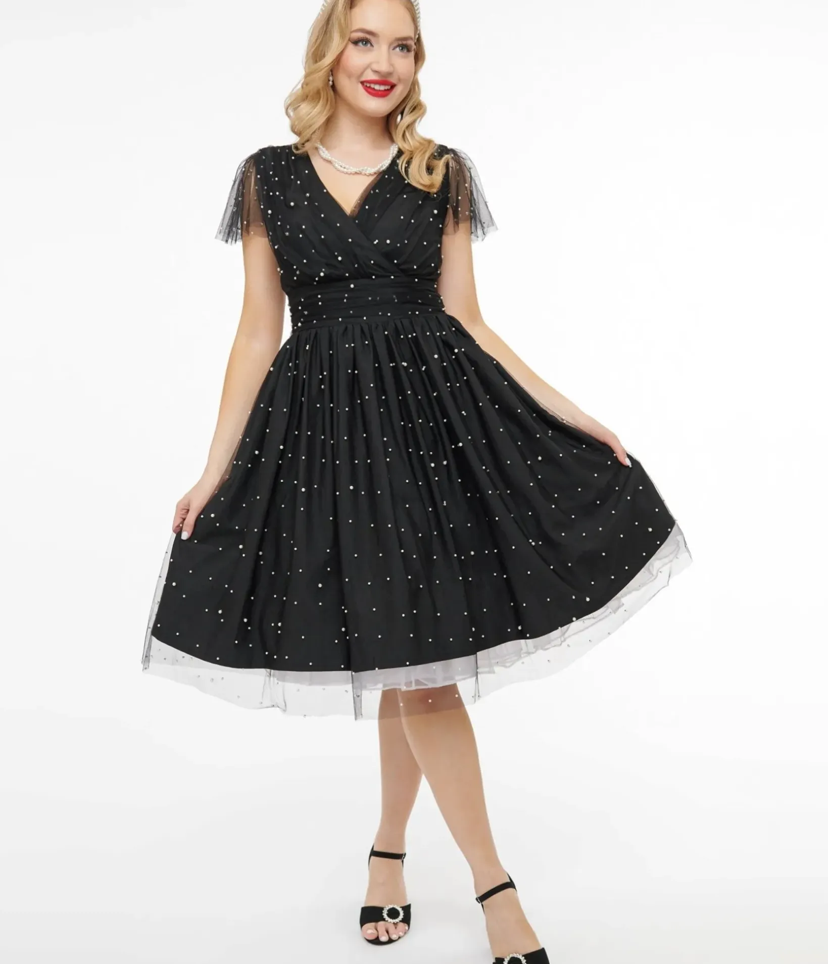 Unique Vintage Swing|Everyday Dresses>Magnolia Place 1950s Black Faux Pearl Swing Dress
