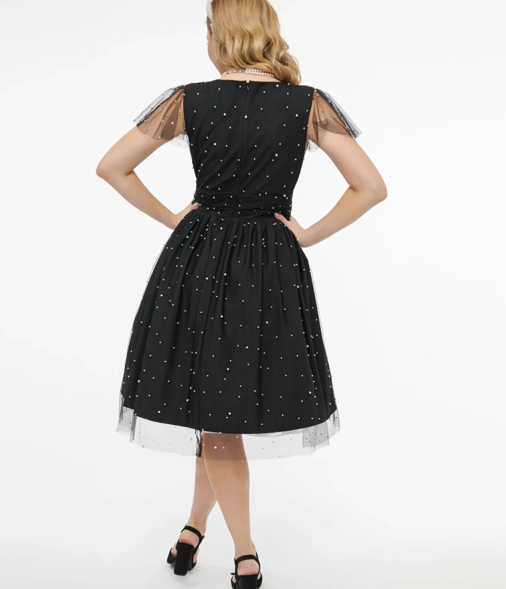 Unique Vintage Swing|Everyday Dresses>Magnolia Place 1950s Black Faux Pearl Swing Dress