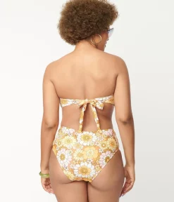 Unique Vintage Two Piece Swim>Magnolia Place 1970s Mustard Floral Print Two Piece Swimsuit