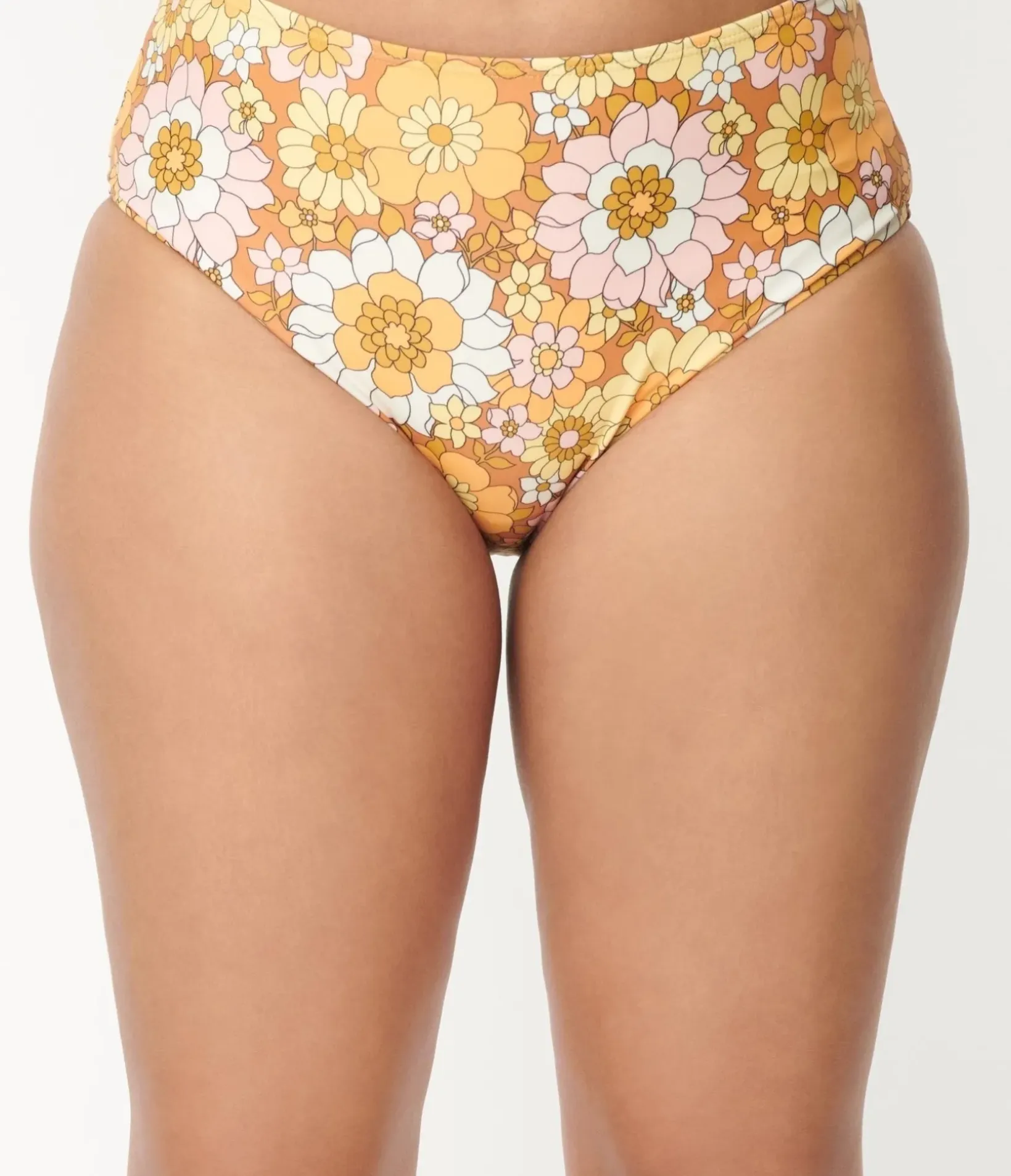 Unique Vintage Two Piece Swim>Magnolia Place 1970s Mustard Floral Print Two Piece Swimsuit