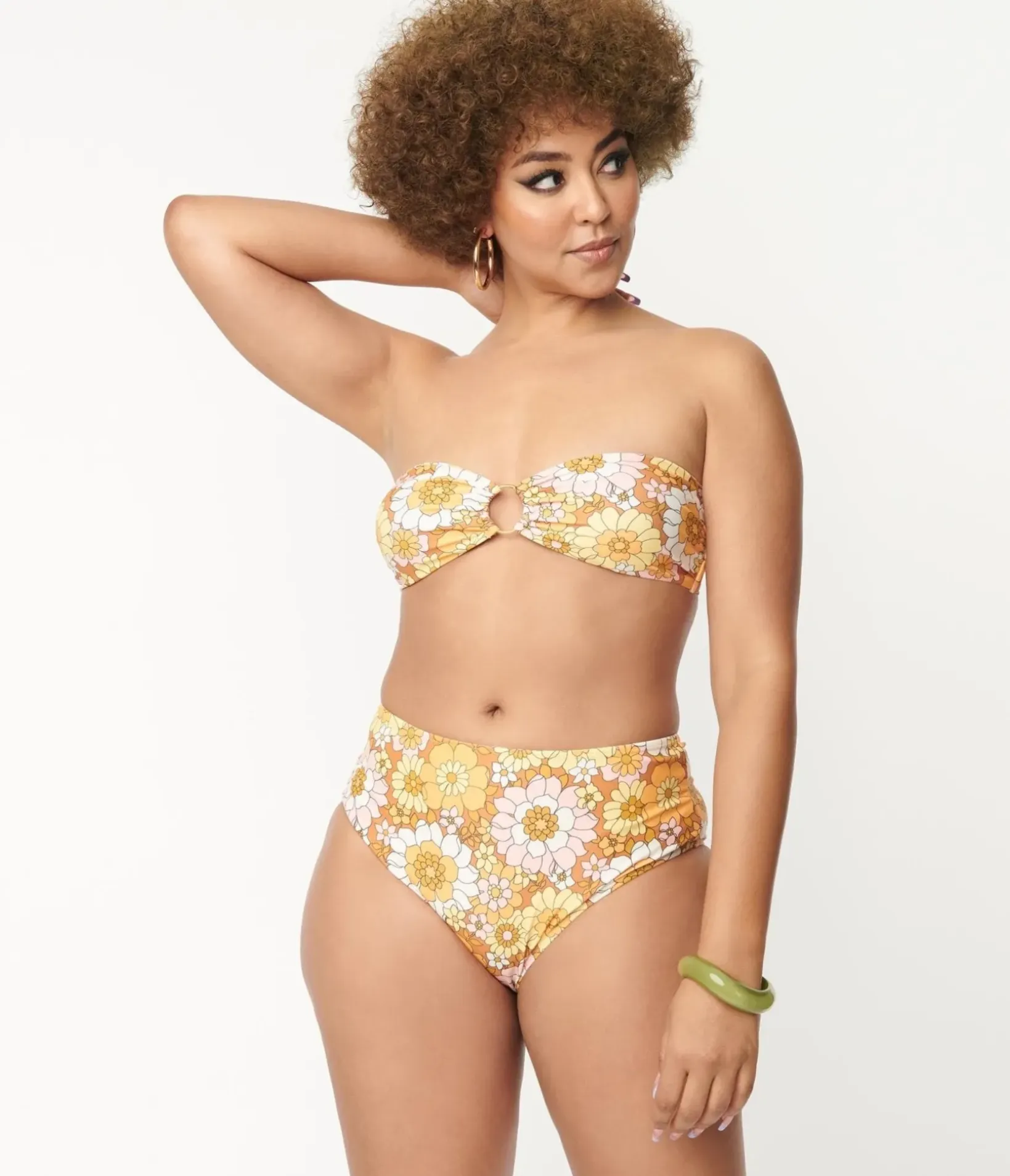 Unique Vintage Two Piece Swim>Magnolia Place 1970s Mustard Floral Print Two Piece Swimsuit