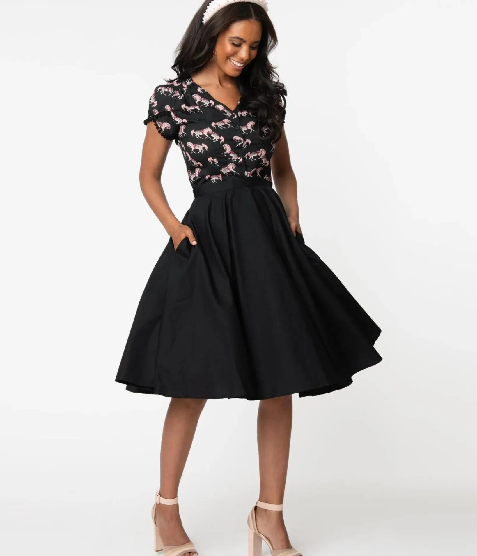 Unique Vintage Skirts|All Things Black>Magnolia Place 1950s Style Black High Waist Swing Skirt