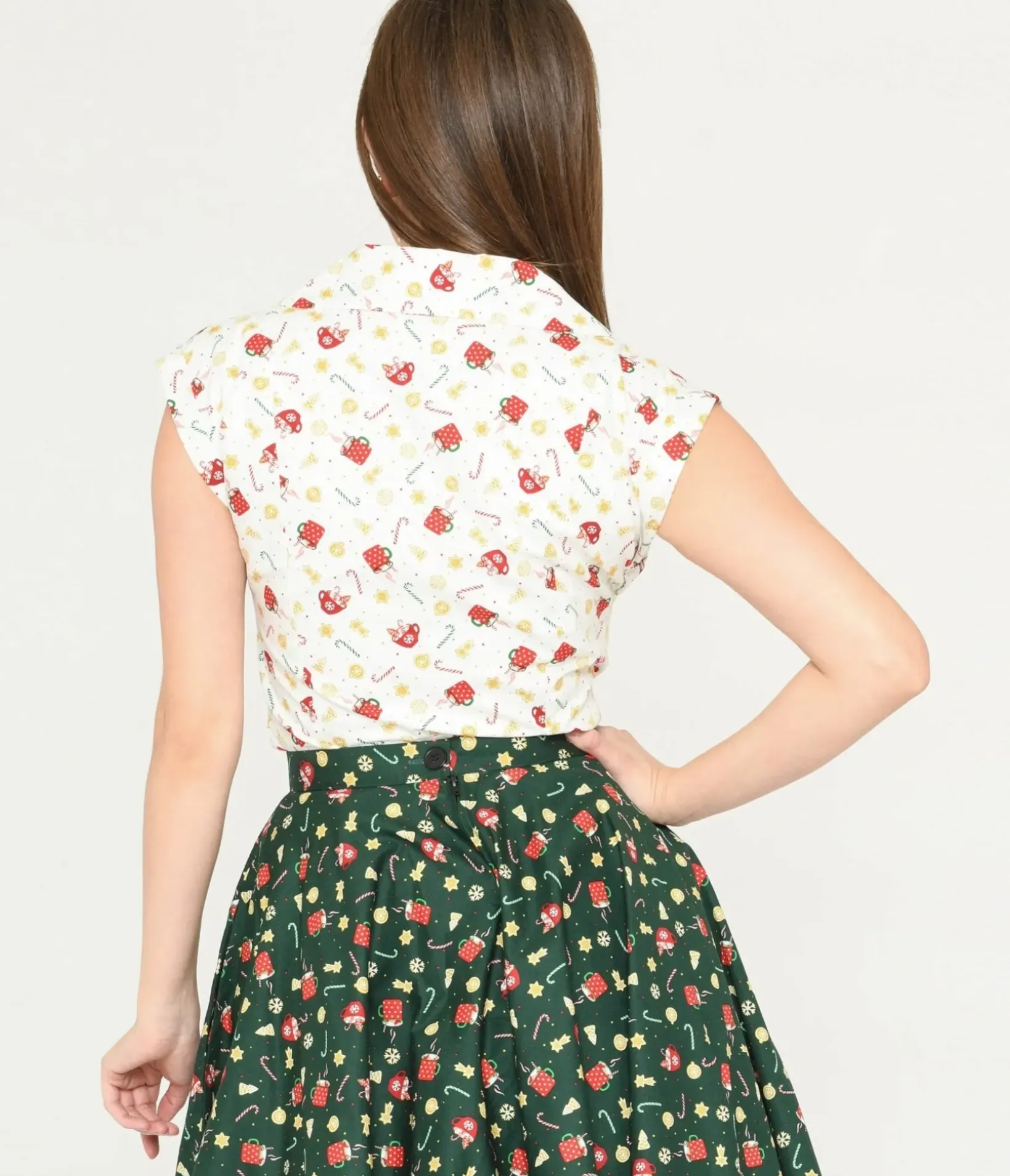 Unique Vintage Blouses|Blouses>Magnolia Place White & Holiday Print Tamara Blouse