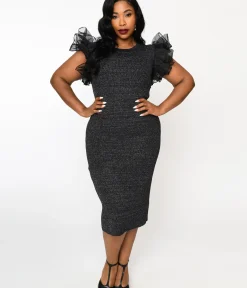 Unique Vintage Pencil|Pencil>Metallic Black Ruffle Sleeved Knit Midi Wiggle Dress