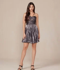 Unique Vintage Special Occasion|Prom Dresses>Metallic Gun Metal Pleated A-Line Prom Dress