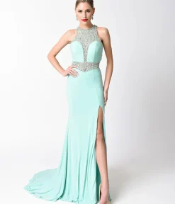 Unique Vintage Special Occasion>Mint Blue Fitted Jeweled Split Long Dress