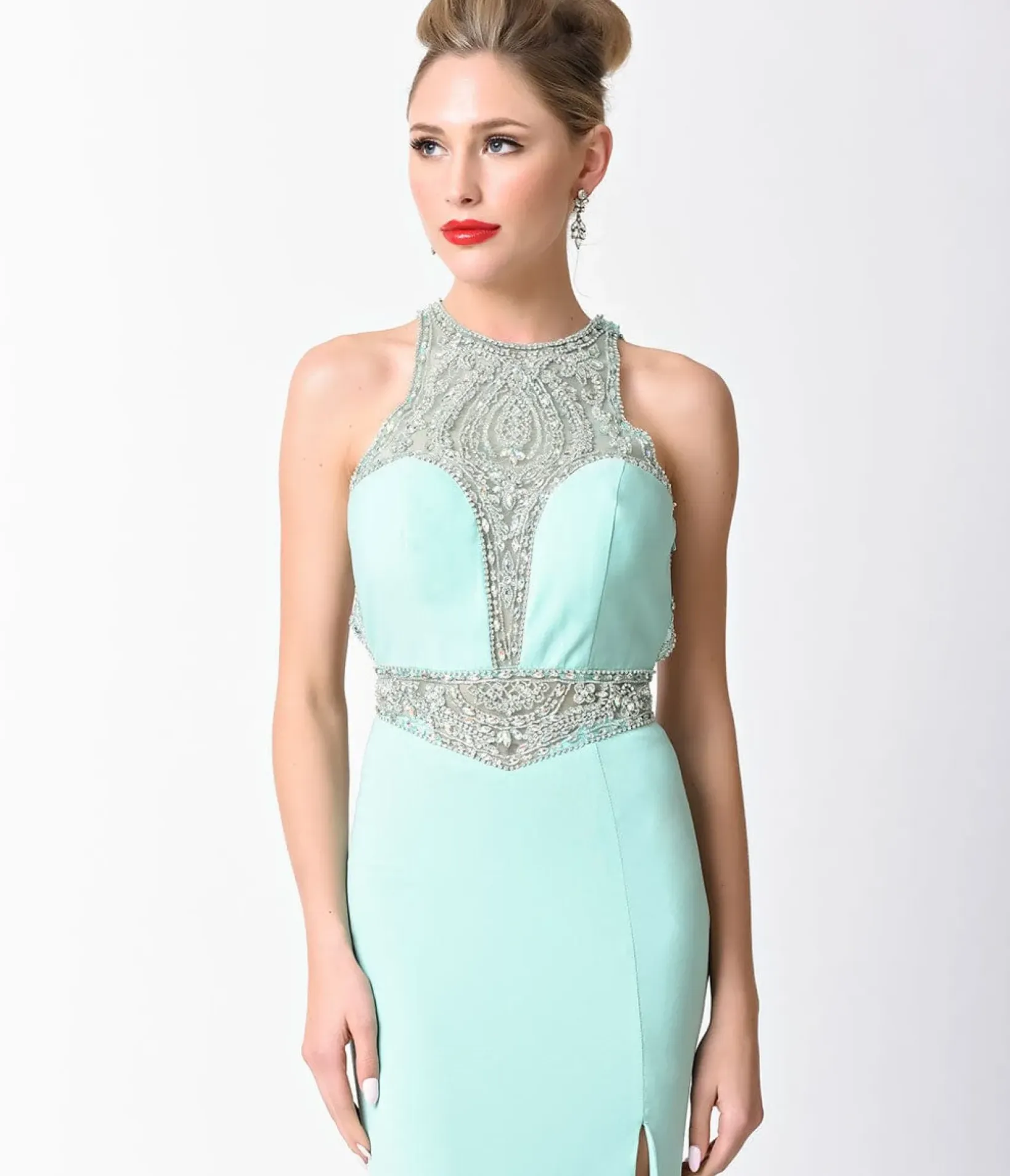 Unique Vintage Special Occasion>Mint Blue Fitted Jeweled Split Long Dress