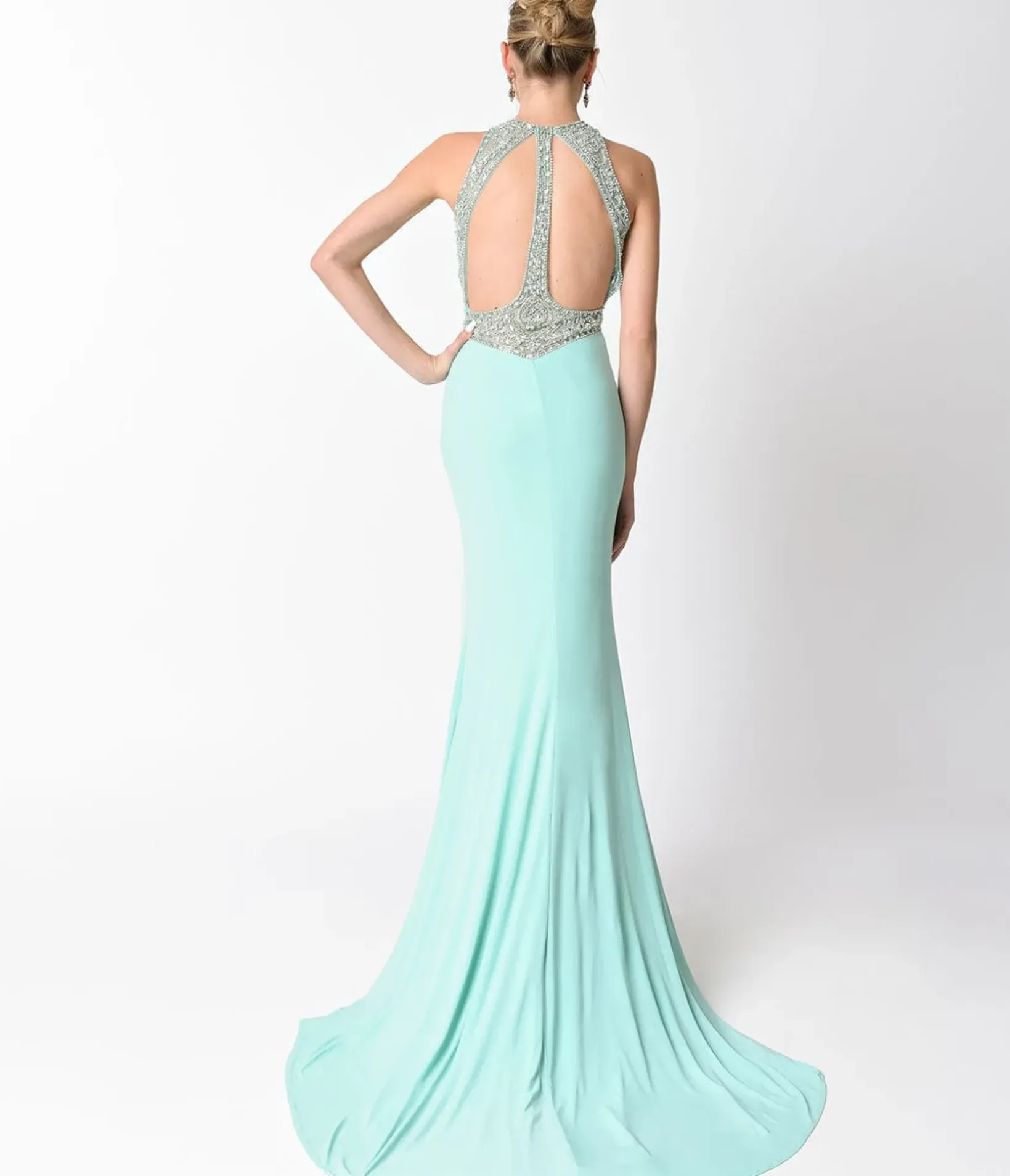 Unique Vintage Special Occasion>Mint Blue Fitted Jeweled Split Long Dress