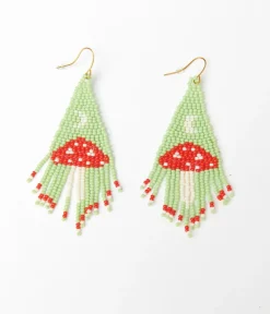 Unique Vintage All Things Red|Earrings>Mint & Red Mushroom Beaded Earrings