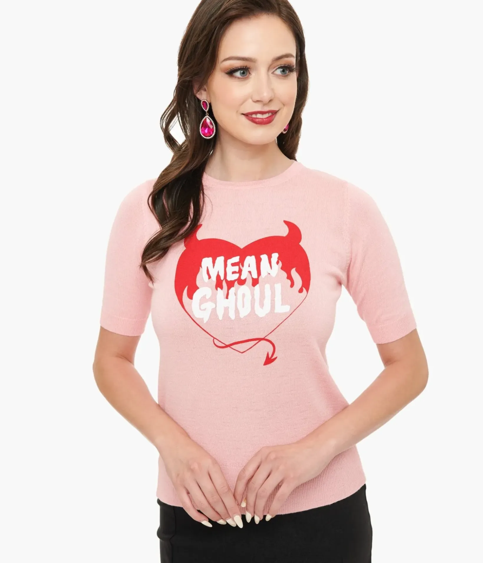 Unique Vintage Sweaters & Cardigans|All Things Pink>Mischief Made Pink Mean Ghoul Short Sleeve Sweater