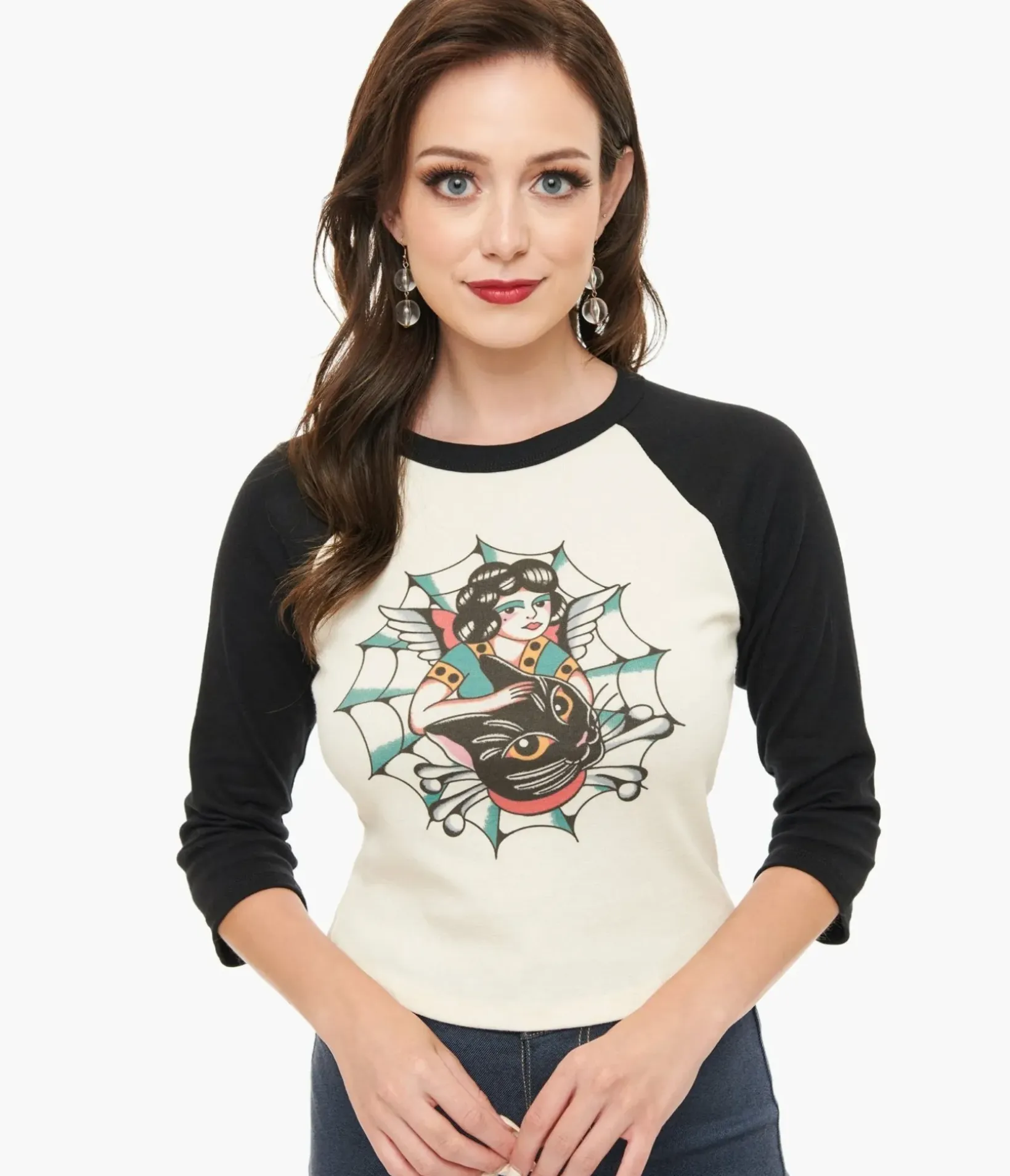 Unique Vintage Graphic Tees|Graphic Tees>Mischief Made White & Black The Outlaw Lady Cat Cropped Graphic Tee