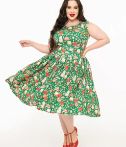 Unique Vintage Swing|Pocket Dresses>Miss Lulo Plus Size 1950s Green & Red Holiday Cake Lily Swing Dress