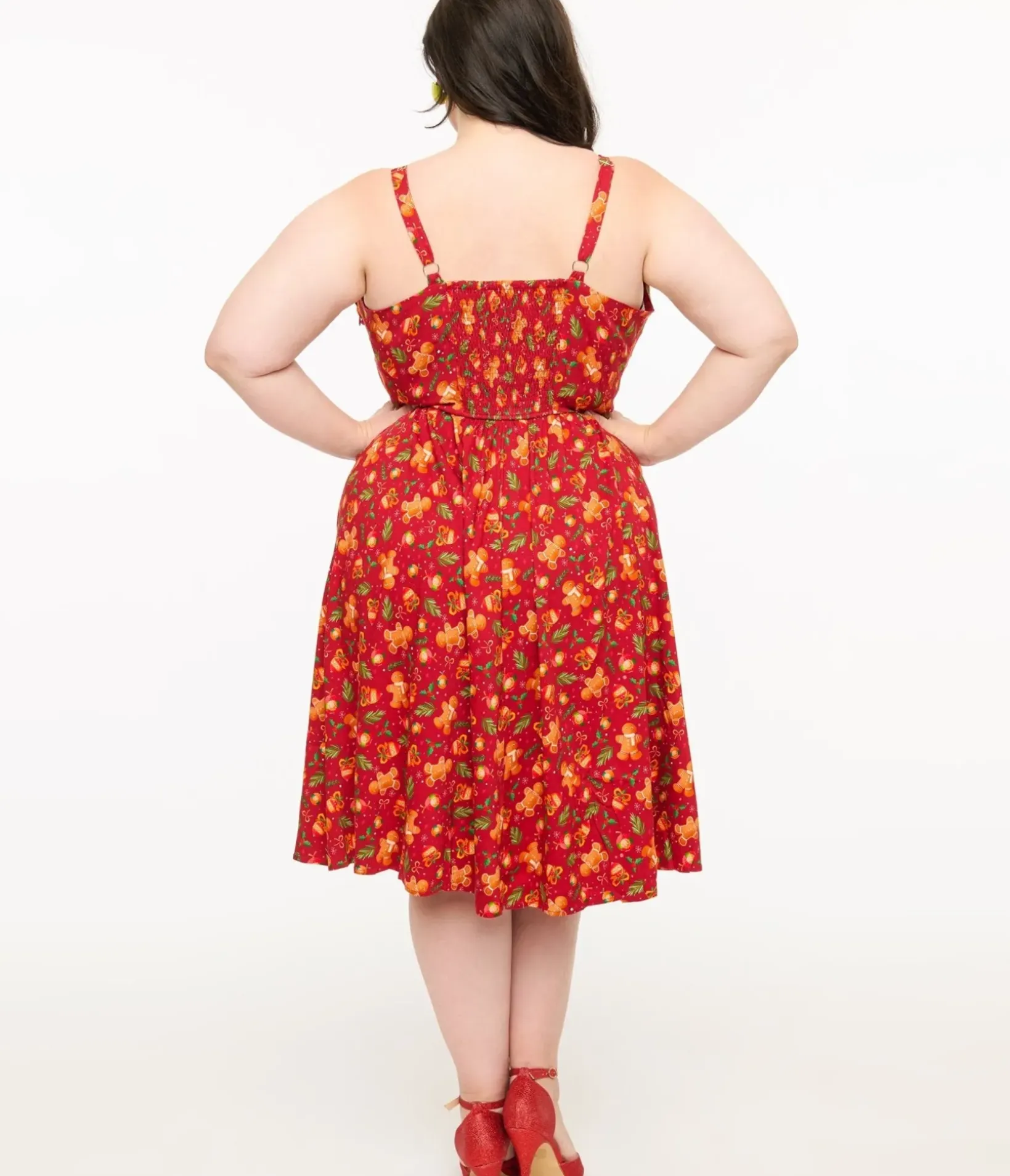 Unique Vintage Swing|Fit & Flare>Miss Lulo Plus Size 1950s Red Gingerbread Man Print Eden Fit & Flare Dress