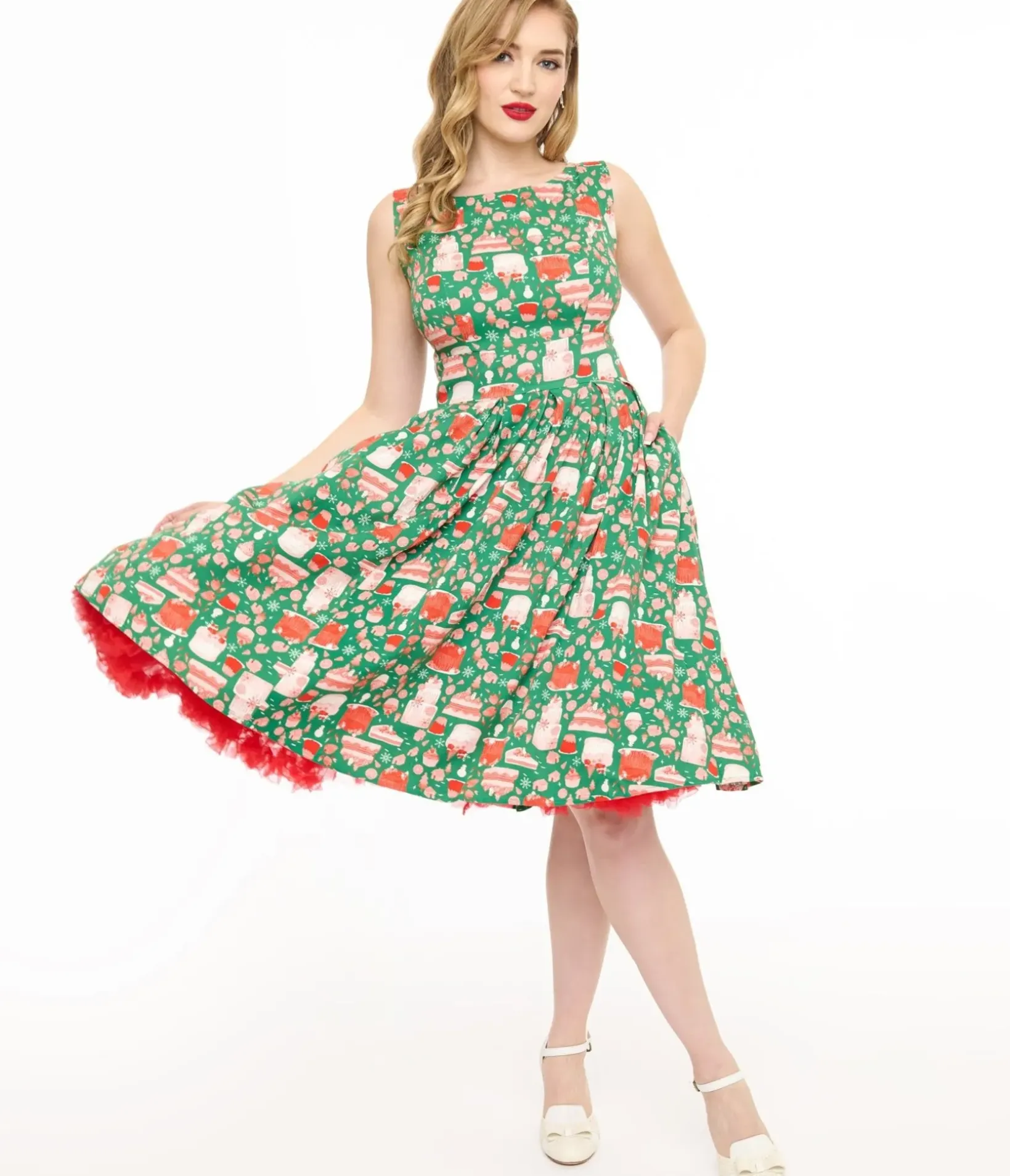 Unique Vintage Pocket Dresses|Everyday Dresses>Miss Lulo 1950s Green & Red Holiday Cake Lily Swing Dress