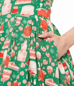 Unique Vintage Pocket Dresses|Everyday Dresses>Miss Lulo 1950s Green & Red Holiday Cake Lily Swing Dress