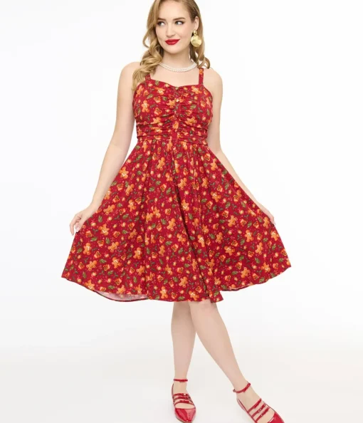 Unique Vintage Swing|Fit & Flare>Miss Lulo 1950s Red Gingerbread Man Print Eden Fit & Flare Dress