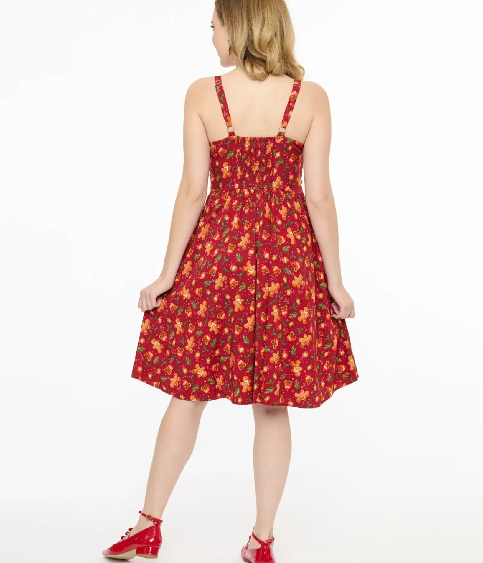 Unique Vintage Swing|Fit & Flare>Miss Lulo 1950s Red Gingerbread Man Print Eden Fit & Flare Dress