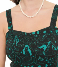 Unique Vintage Swing|Pocket Dresses>Miss Lulo 1950s Teal Sea Witch Print Lori Swing Dress