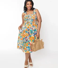 Unique Vintage Midi|Pocket Dresses>Multicolor Brush Stroke Florals Midi Dress