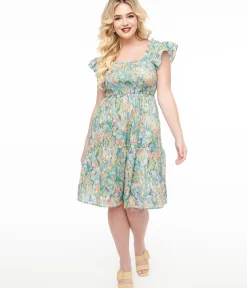 Unique Vintage Fit & Flare|Everyday Dresses>Multicolor Floral Painting Cotton Flare Dress