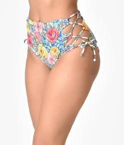 Unique Vintage Swim Bottoms>Multicolor Roses Mosaic & Green Stripe Reversible Swim Bottoms