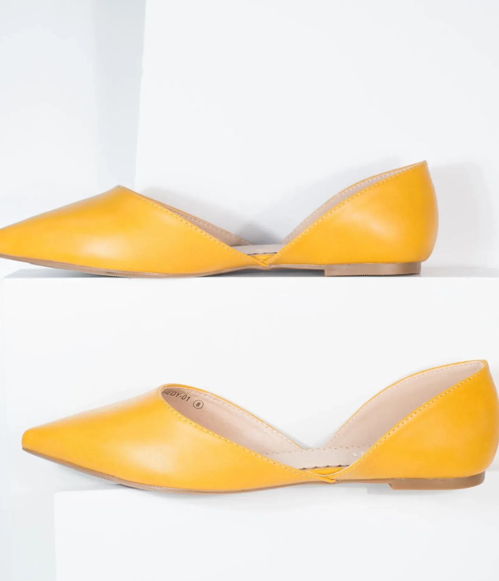 Unique Vintage Flats>Mustard Leatherette Pointed Toe Flats