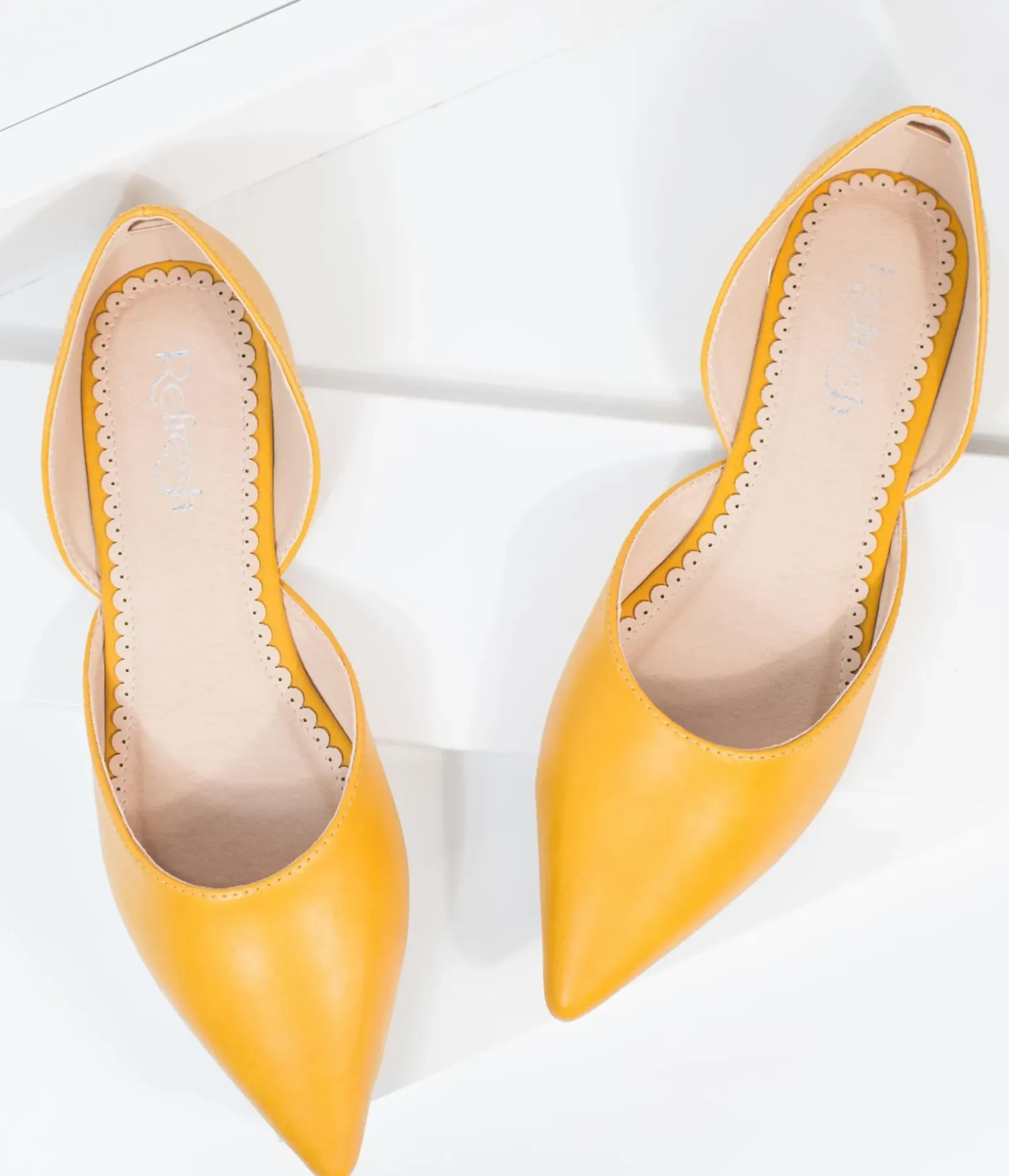 Unique Vintage Flats>Mustard Leatherette Pointed Toe Flats