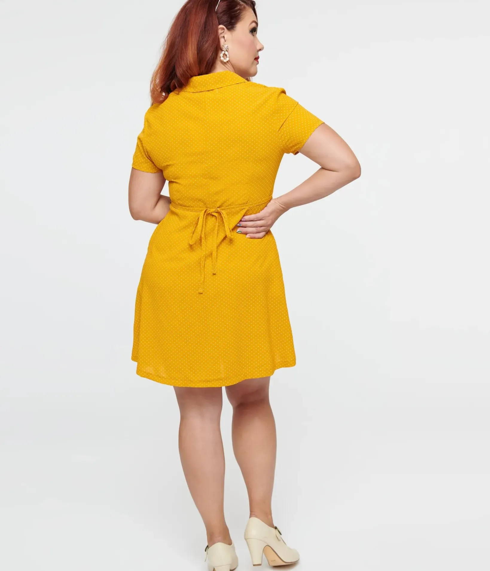 Unique Vintage Everyday Dresses|Honeymoon Outfits>Mustard Polka Dot Button Up Fit & Flare Dress