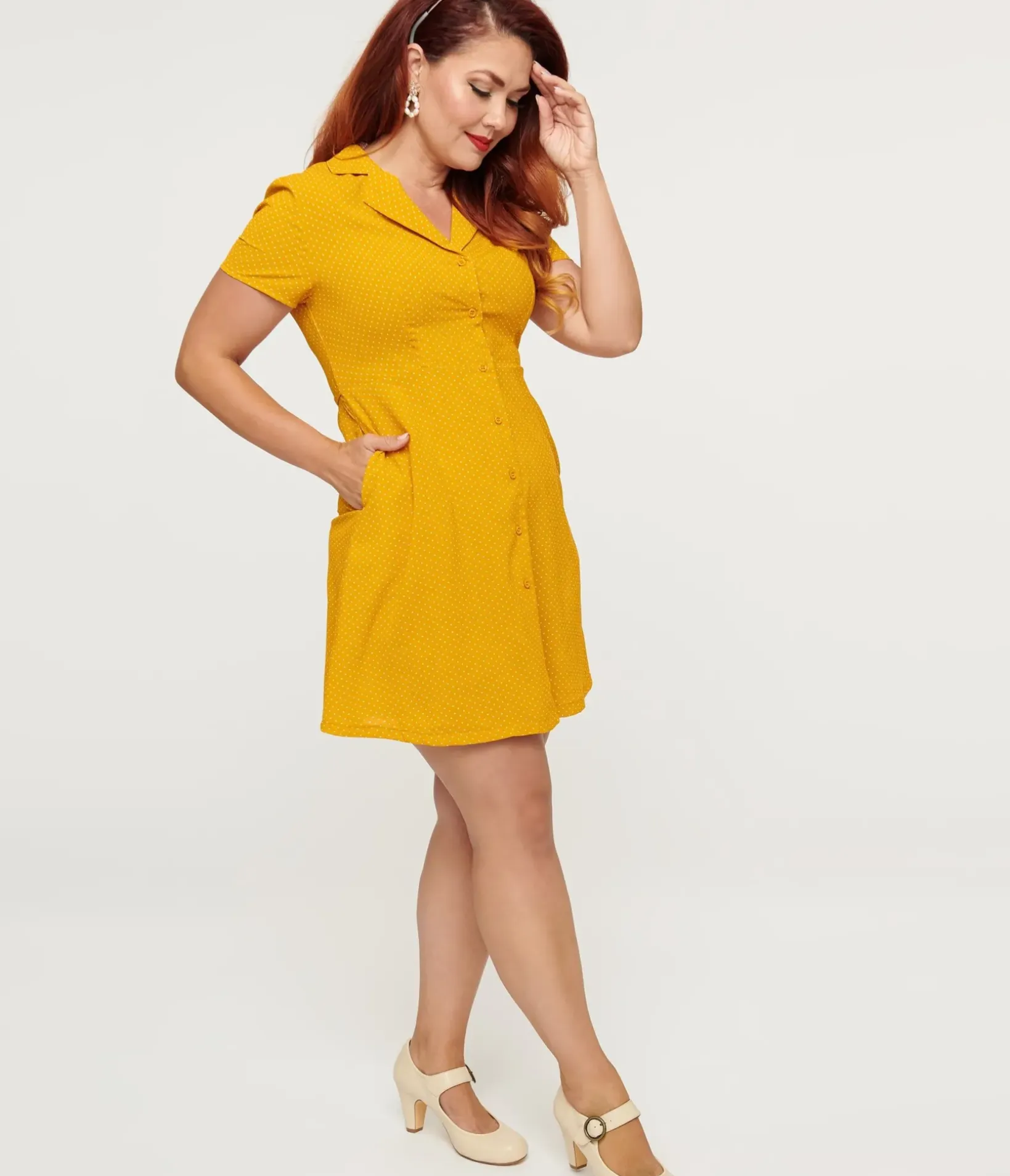 Unique Vintage Everyday Dresses|Honeymoon Outfits>Mustard Polka Dot Button Up Fit & Flare Dress